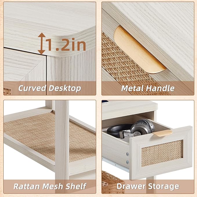 Lerliuo Narrow Night Stand Set of 2 with Charging Station, Boho Nightstand with Drawer, Bed Side End Table with Rattan Shelf for Small Spaces, Wood Nightstands Bedside Tables for Living Room Bedroom - Image 8