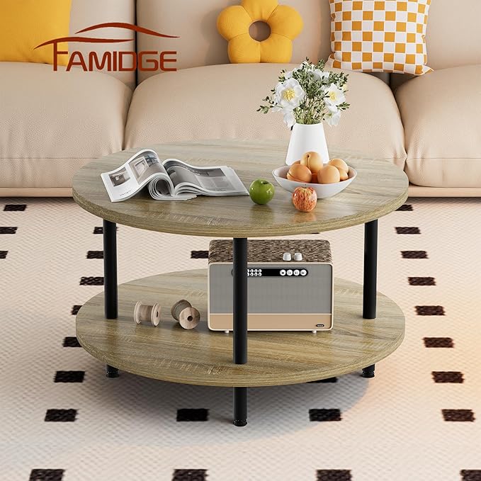 Coffee Table, 2 Tier Coffee Tables for Living Room, Round Coffee Table with Storage, Floor Table for Bedroom, Home Office, Nature Brown (23.6" D x 18.1" H)
