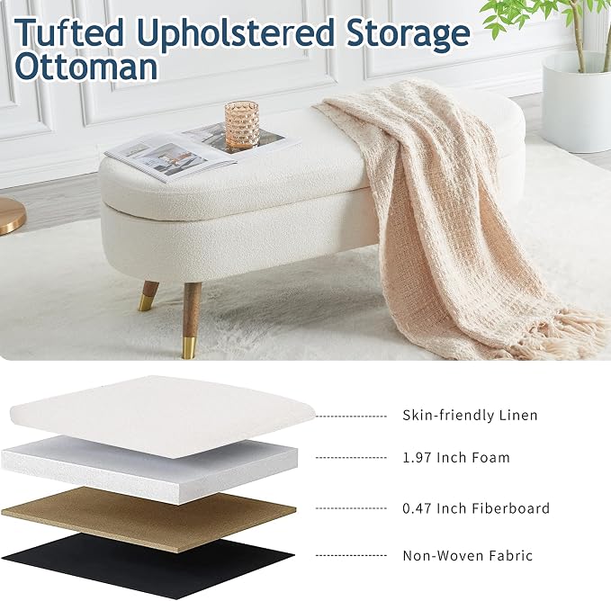 IAFIKE Oval Storage Bench 43.5" Ottoman Bench Upholstered Boucle Fabric Footrest Bench with Golden Metal Legs End of Bed for Bedroom, Living Room, Entryway,Bed Side (Ivory) - Image 5