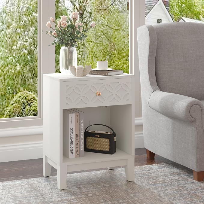 White Nightstand with Drawer and Open Shelf, 17.7 W Modern Bed Side Table for Bedroom, Small End Table for Small Spaces, Compact Side Table for Living Room, Easy Assembly - Image 7