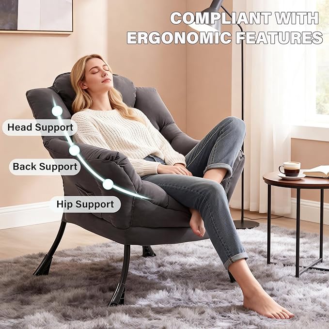 MBOOYOME Lazy Chair, Modern Accent Chair with Armrests, Side Pocket & Metal Frame, Comfy Leisure Chair for Living Room, Bedroom, Dorm & Office, Dark Grey