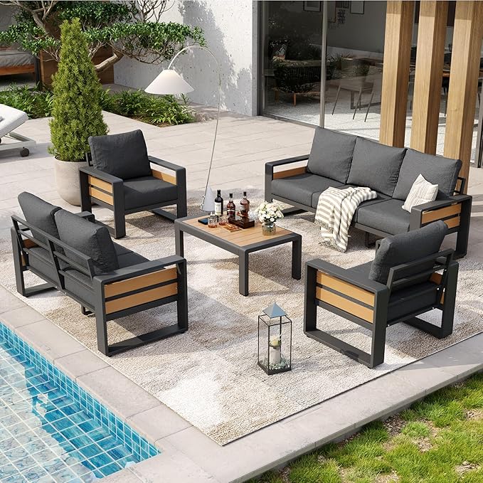 Aoxun Aluminum Patio Furniture Set, 5 Piece Luxury Outdoor Sectional with 6" Olefin Fabric Cushions, Patio Conversation Sets with Coffee Table and Waterproof Cover for Backyard, Porch Dark Grey