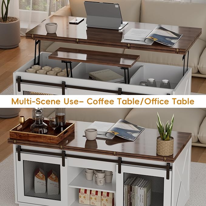 Upgraded Coffee Table with Lifting Top And Sliding Doors, Thick Panels, Industrial Metal Mesh Sides, Dual LED Accent Lights, Large Storage Center farmhouse square Table for Living Room, Cloud Drift