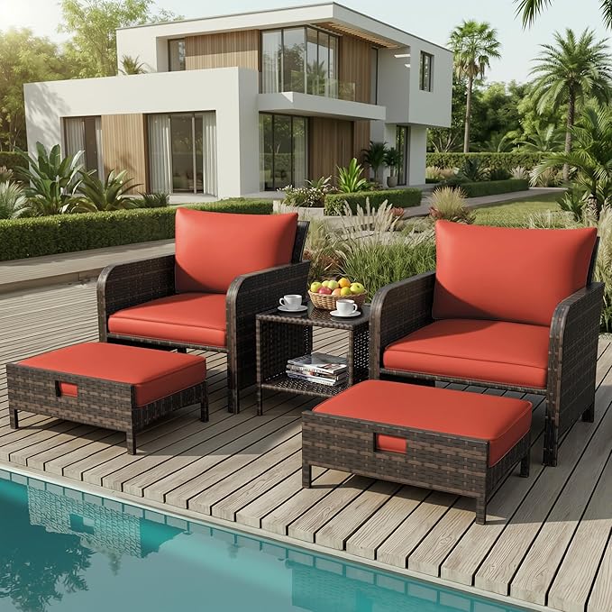 LEVELEVE Patio Conversation Set 5 Piece, Balcony Furniture Outdoor PE Rattan Wicker Lounge Chairs with Soft Cushions, 2 Ottomans & Glass Table for Porch Lawn, Brown (Orange Red Cushions