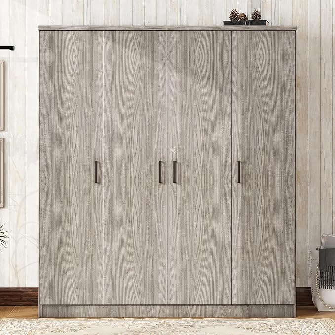 Merax 4 Doors Closet Wardrobe with Hanging Rail, Wood Closet Organizers and Storage with One Drawer and Two 4-Tier Storage Shelves, Top Cabinet for Bedroom, Laundry Room, Gray