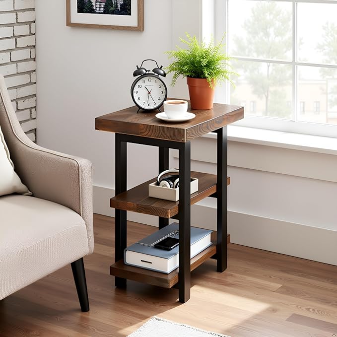 Alaterre Furniture Pomona Living Room Tables – 3-Tier Solid Wood End Table with Metal Legs & Storage Shelves – Modern Rustic Industrial Space-Saving Side Table or Nightstand (Rustic Brown)
