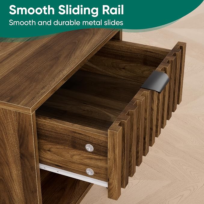 Smuxee Walnut Wooden Night Stand, Mid Century Nightstand with Fluted Drawer, Bedside Table with Open Shelf, Modern End Side Table for Bedroom - Image 5