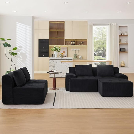 Modular Sectional Sofa, Boneless Couches for Living Room, Corduroy Couch, Big Comfy Couch, Modular Cloud Sofa with Deep Seat (Black, 5 Pieces-Side Shape)