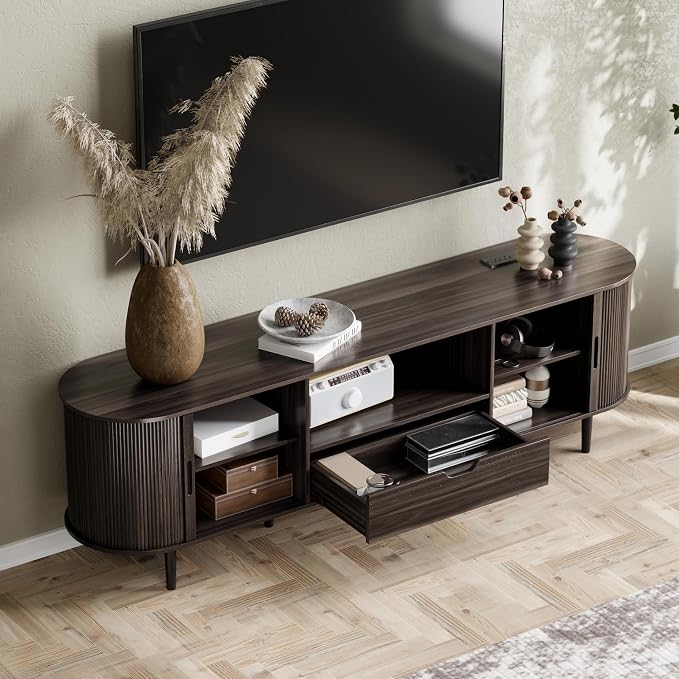 DHH 71" Fluted TV Stand with Power Outlet for TVs up to 80", TV Console with Adjustable Shelves and Sliding Door,Mid Century Modern Entertainment Center for Living Room,Bedroom (Dark Walnut, 71Inch) - Image 9