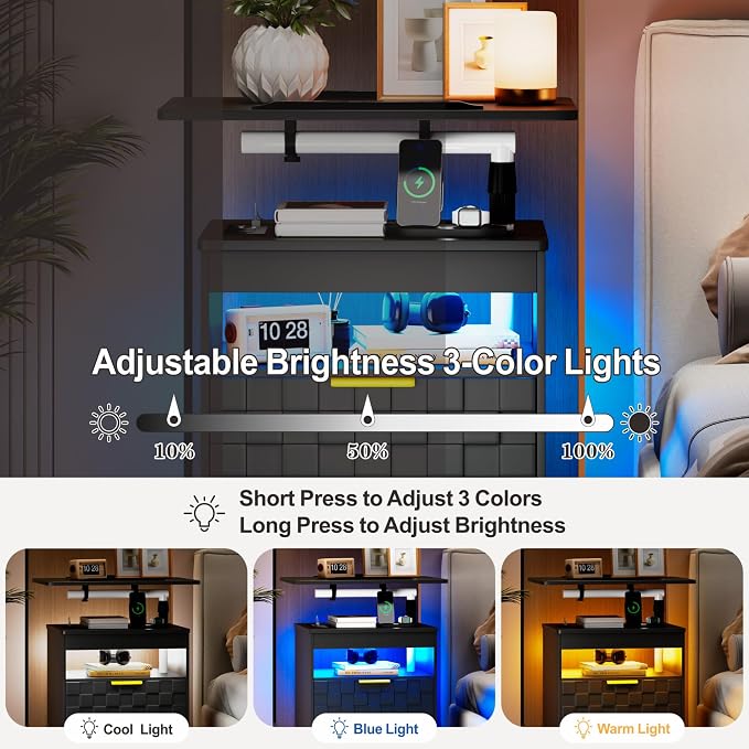 Lareth Nightstand Set of 2 with Drawers & Wheels, Smart Night Stands with Charging Station, Height Adjustable LED End Table, Rolling Bedside Table Set for Bedrooms, Black - Image 5