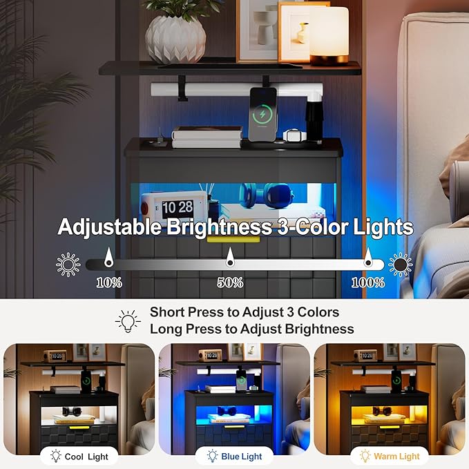 Lareth Height Adjustable Nightstand with Charging Station, LED Bedside Table 2 Drawers, Smart Wooden End Table Dorm Rolling Side Table Laptop Workstaion with Wheels for Bedroom, Black - Image 4