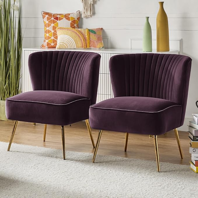 HULALA Home Velvet Accent Chair Set of 2, Modern Armless Upholstered Side Chair with Glam Gold Metal Legs for Vanity Living Room Bedroom - Purple