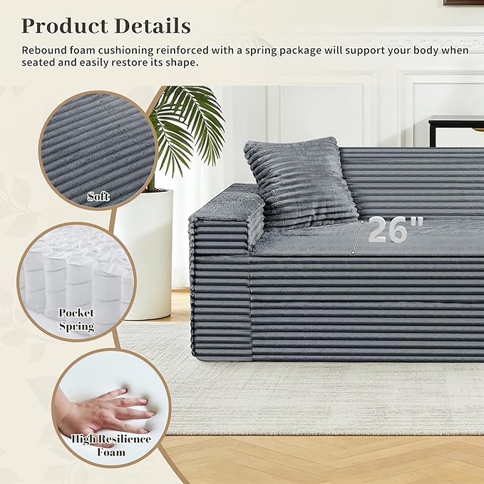 75" Cloud Loveseat Sofa, 26" Deep Seat Boneless Couches for Living Room, Modern 3 Seater Sofa with Throw Pillows, Corduroy Compression Sofa in Box, No Assembly Couch for Bedroom, Dorm, Gray