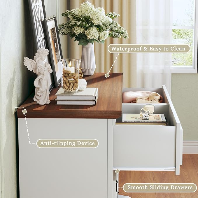 HUAHUU Farmhouse 6 Drawer Dresser for Bedroom, 47" Wide Chest of Drawers with Roman Column, White Wood Dresser with Antique Bronze Circle Handles, Storage Organizer for Living Room, Hallway, Entryway - Image 6