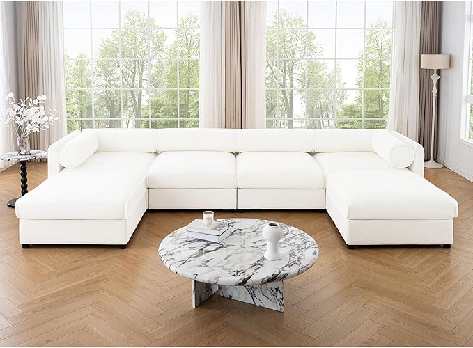 KEIKI 143" U-Shaped Modular Chenille Sectional Sofa with Storage Seat, 2 Ottoman, Modern Style 4-Seater Couch with Cylindrical Backrest and Armrests, Easy Assembly, for Apartment, Living Room, White