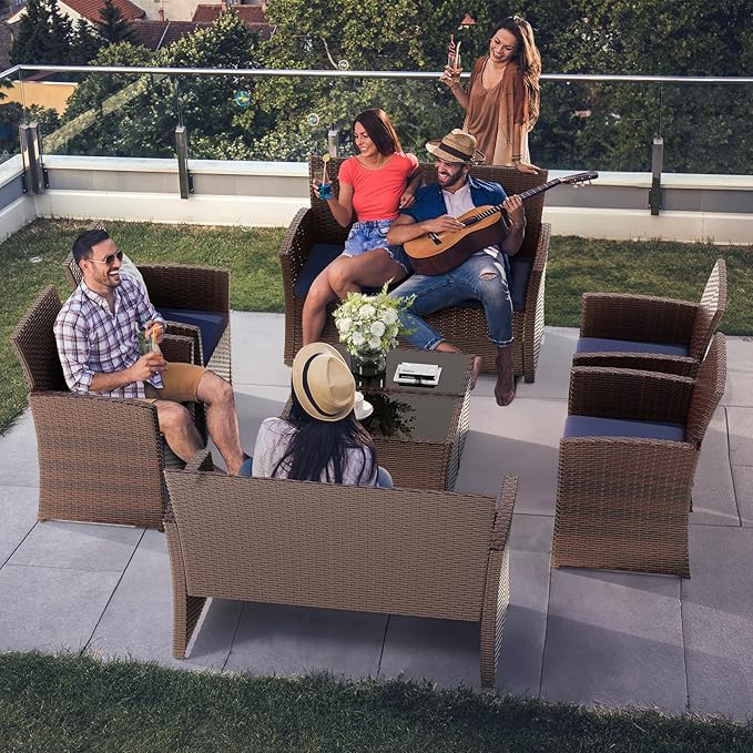 4 Piece Outdoor Patio Furniture Set, All-Weather Wicker Conversation Sets Include Coffee Table, Armchair, Loveseat, Sectional Furniture for Indoor Outdoor Backyard Pool Garden (Brown & Blue)
