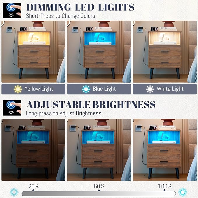 LVSOMT Nightstands Set of 2, Nightstand with Charging Station and USB Ports, Rustic Brown Bedside Table with Open Shelf, Mid Century Modern Nightstand with 2 Drawers, Night Stands for Bedroom - Image 5