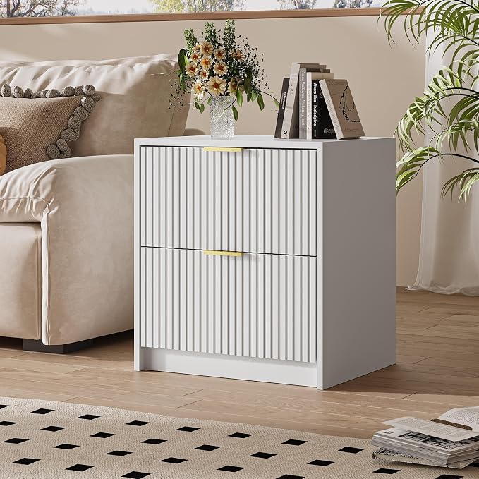 MAISONARIA Fluted Nightstands Set of 2 with 2 Drawers, 19.6" Modern Storage Bedside Table with Golden Metal Handles, Wooden End Table for Bedroom, White - Image 6