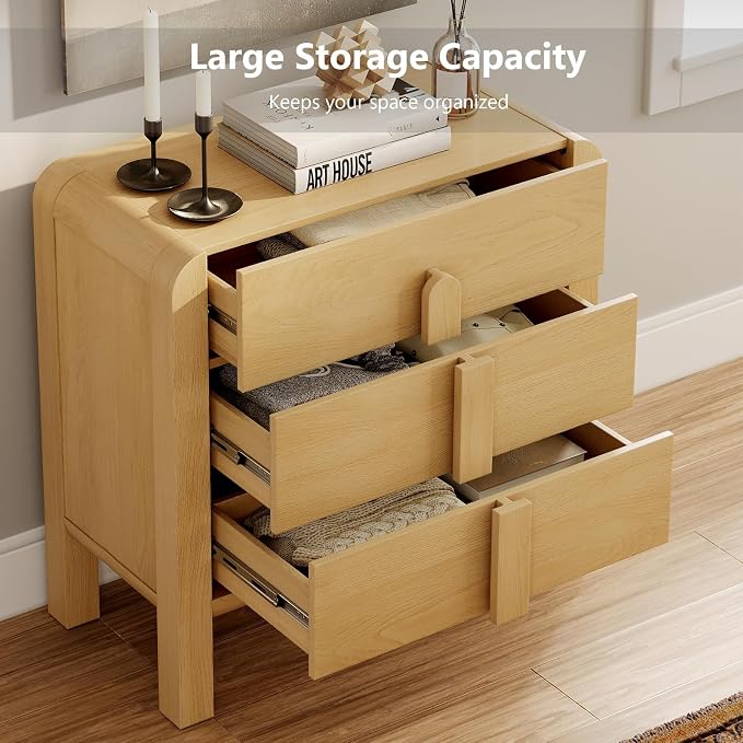 WAMPAT Large 3 Drawer Nightstand, 31.5" Tall Wooden Bedside Table with Curved Design, Modern Oak Nightstand with Storage, Wider Side Table End Table for Bedroom - Image 6