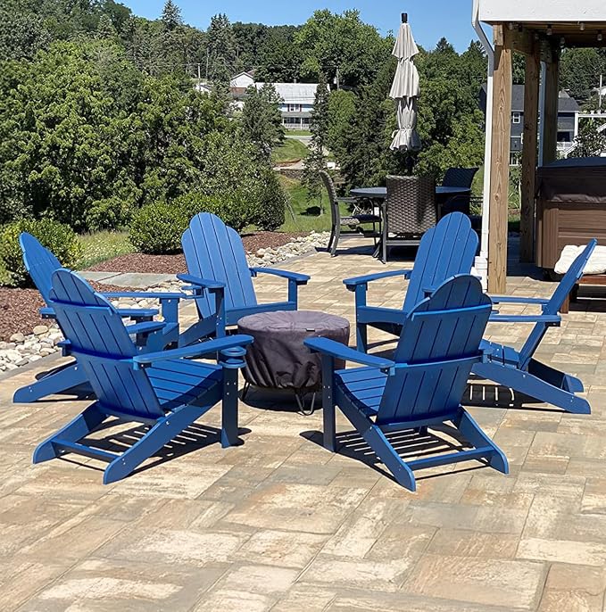 LUE BONA HDPS Adirondack Chairs Set of 6, Fire Pit Outdoor Chair Weather Resistant with Cup Holder, Modern Plastic Chair Plastic for Patio, Deck, Proch, 350LBS, Navy Blue by LUEBONA