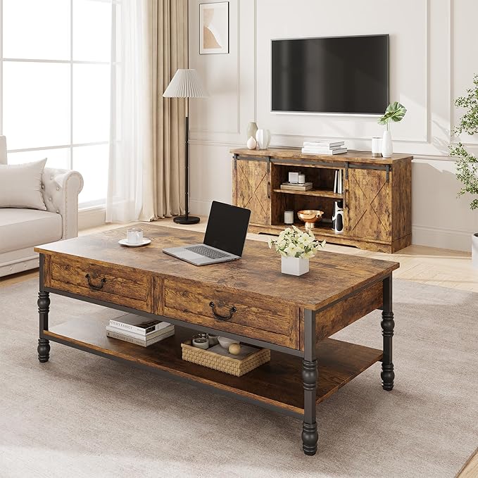 IDEALHOUSE Coffee Table with Drawers 41" Large Center Table with Storage Rectangular Cocktail Table Mid Century Wooden Coffee Tables Retro Living Room Table Vintage Tea Table, Rustic Brown