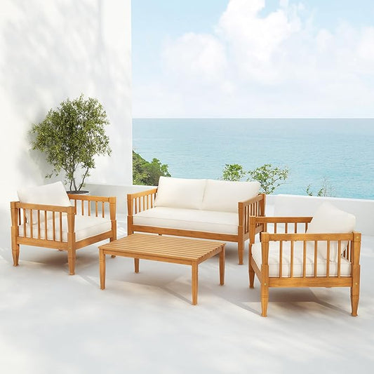 Christopher Knight Home 4-Piece Patio Furniture Set with Coffee Table, Acacia Wood Outdoor Conversation Set, 4 Seater Patio Sofa Set with Thick Cushions for Backyard,Balcony, Teak+Beige