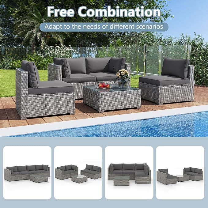 Tangkula 10-Piece Outdoor Patio Sectional Sofa Couch, PE Rattan Conversation Set w/Glass Coffee Table & Cushions, Outdoor Furniture Set w/Sturdy Metal Frame for Garden Poolside Backyard