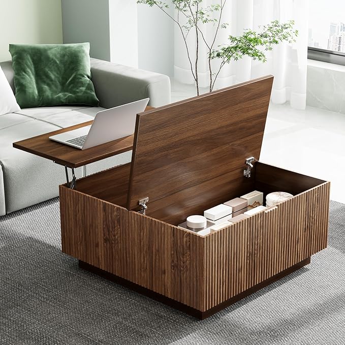 Lift Top Coffee Table, Farmhouse Square Fluted Center Table, 31" Modern Wooden Tea Table with Hidden Storage for Living Room, Apartment, Small Spaces, Brown Walnut