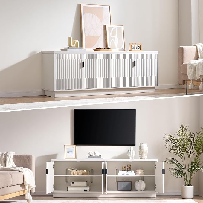 Fatmok Fluted TV Stand for up to 75" TVs, 68" Entertainment Center with 4 Doors, Modern Media Console with Adjustable Shelves & Storage Cabinets, White - Image 7
