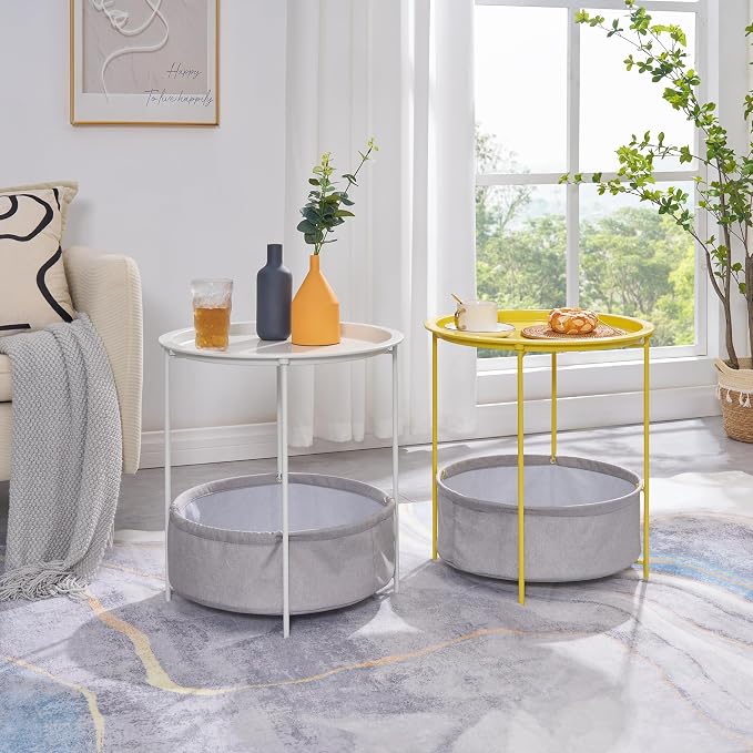 VECELO Round Side/End Table with Fabric Storage Basket，Metal Anti-Rust and Waterproof Small Bedside Nightstand with Removable Tray Top for Living Room，Balcony & Laundry，Yellow /1pcs with Basket - Image 6