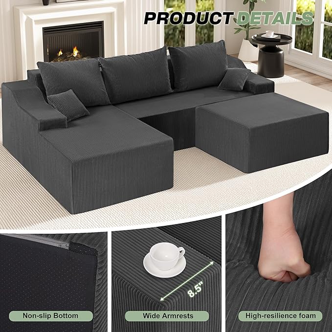 HABUTWAY 94“ U Shaped Modular Sectional Couch for Living Room, Modular Cloud Sofa with Ottoman, No Assembly Boneless Couches with Deep Seat, Corduroy Fabric (Grey, Left Facing)