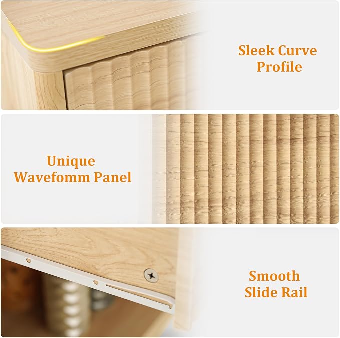 Nasonet Fluted Nightstand Charging Station,Wood Modern Night Stands Storage Cabinet for Bedroom,Oak Bedside Table with Drawers - Image 4