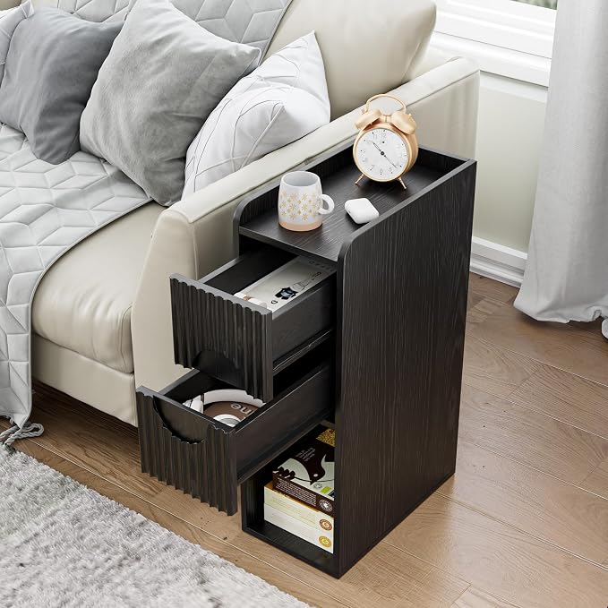 Black Night Stand Set of 2, Narrow Nightstand with Drawers, Small Bedside Table, Skinny Bed Side Table, Modern Nightstand for Bedroom, Living Room, Wood, Fluted, Black - Image 5