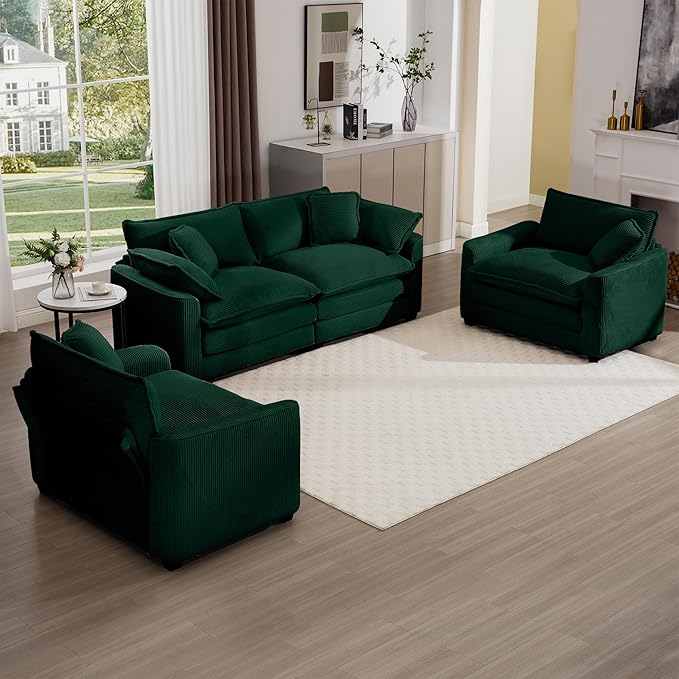 KEIKI 3-Piece Sofa Set with 1 Oversized Corduroy Loveseat Sofa & 2 Single Sofa, Upholstered 4-Seater Couch Set with 6 Pillow, High-Density Foam Cushions, Removable Armrests, for Living Room, Green