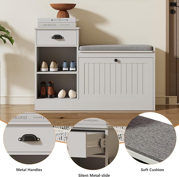 Shoe Storage Bench, Modern Wooden Shoe Cabinet with Flip Drawer and Adjustable Shelf, Entry Way Bench with Padded Seat Cushion for Entryway, Hallway, Living Room,Pebble Grey - Image 4