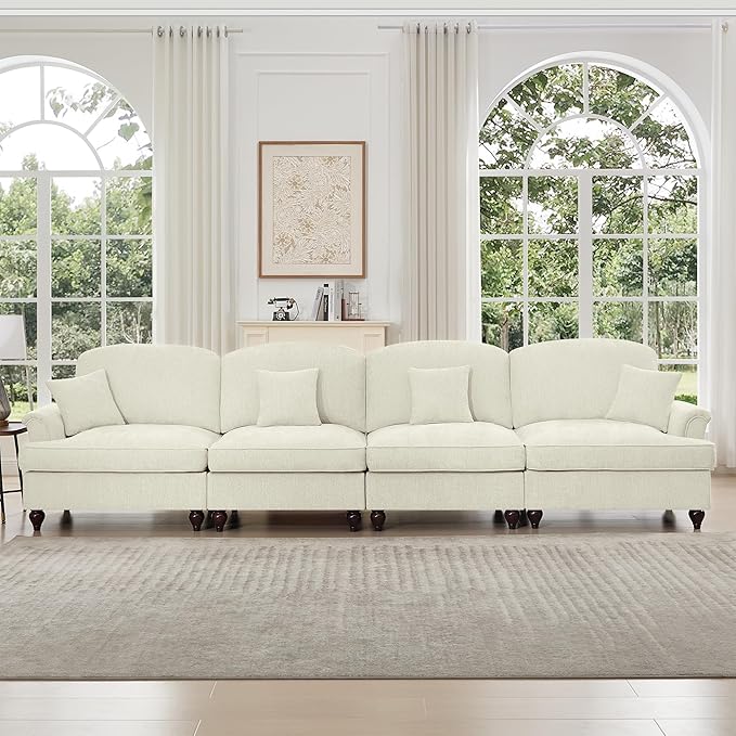 KEIKI Mid Century Modular Sofa with Flared Arms and Skirted Design, 137“ Oversized 4-Seater Luxury Chenille Sectional Couches for Living Room, Big Comfy Couch Bedroom Furniture, Beige White