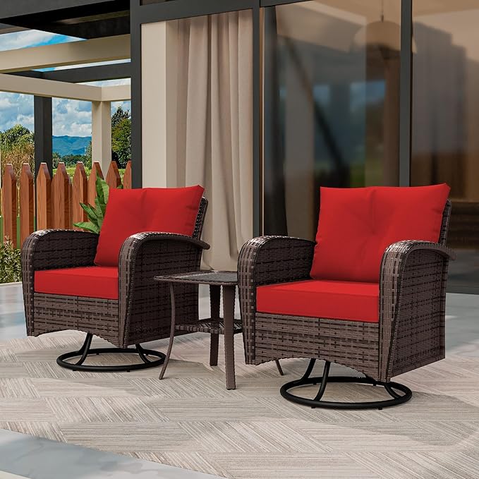 3 Piec Patio Bistro Set with 2 Rocking Chairs & Table, 360° Swivel PE Wicker Outdoor Furniture, Heavy-Duty Steel Frame,Weatherproof Cushions, Red