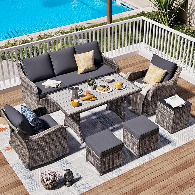 MEISSALIVVE Outdoor Patio Furniture Set with Swivel Chairs, 7 Pieces Rattan Wicker Sectional Swivel Rocker Chairs Sets with Waterproof Cushions for Lawn Backyard Porch (Grey)