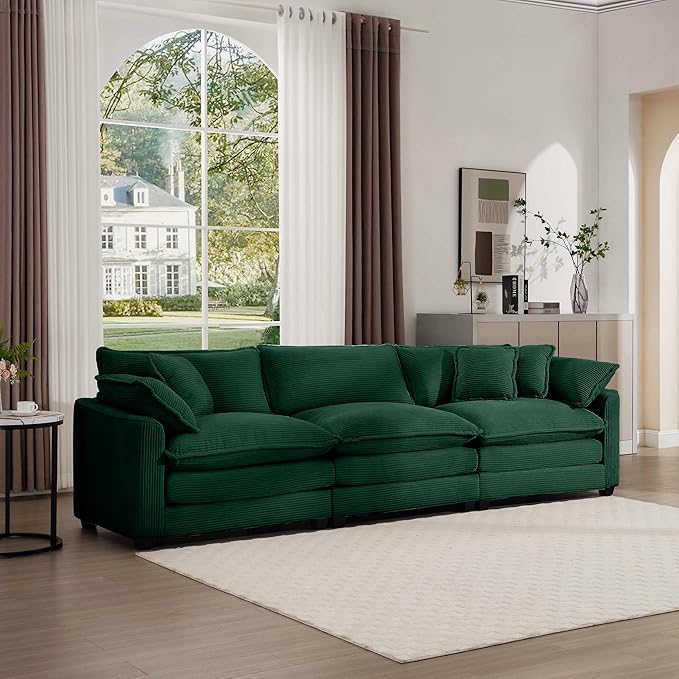 KEIKI 115" Oversized Corduroy Modular Sectional Cloud Sofa with High-Density Foam Cushions, Removable Armrests, Upholstered Modern 3-Seater Fluffy Corner Couch with 5 Pillow, for Living Room, Green