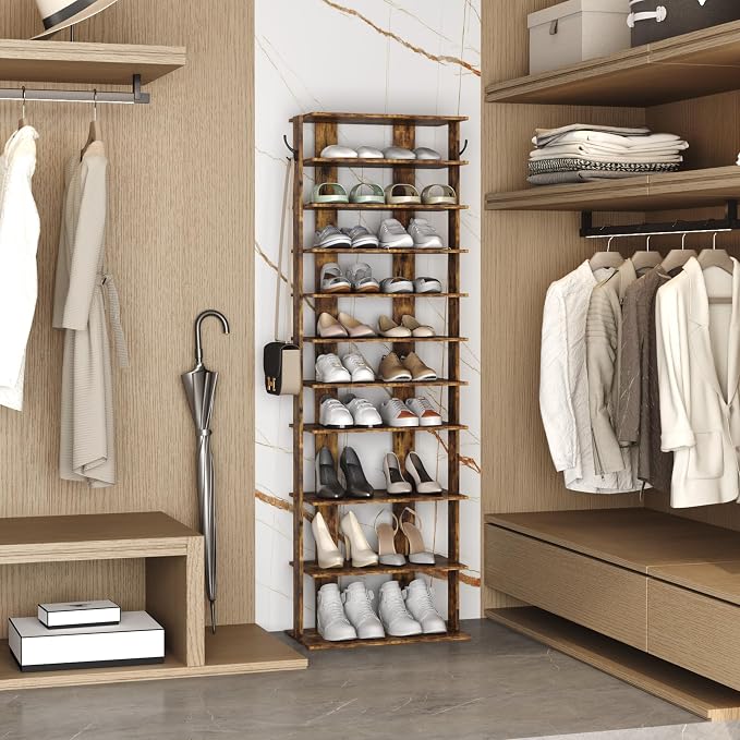 HOMEFORT 10-Tier Vertical Shoe Rack, Corner Shoe Tower, Double Rows 10 Tiers Shoe Shelf, Slim Shoe Storage Unit for 20 Pairs of Shoes, Shoe Stand for Entryway, Hallway, Closet (Rustic Brown) - Image 8