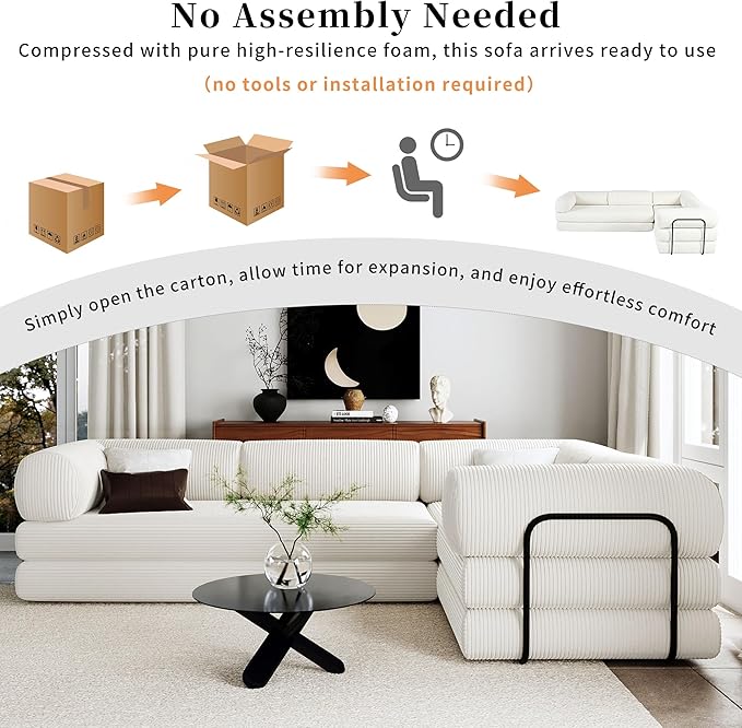 Merax L-Shaped Modular Sofa Bed in Corduroy Fabric, Convertible Sleeper Sofa Bed, 4 Seat Floor Couch for Living Rooms and Apartments, No Assembly Required, Beige