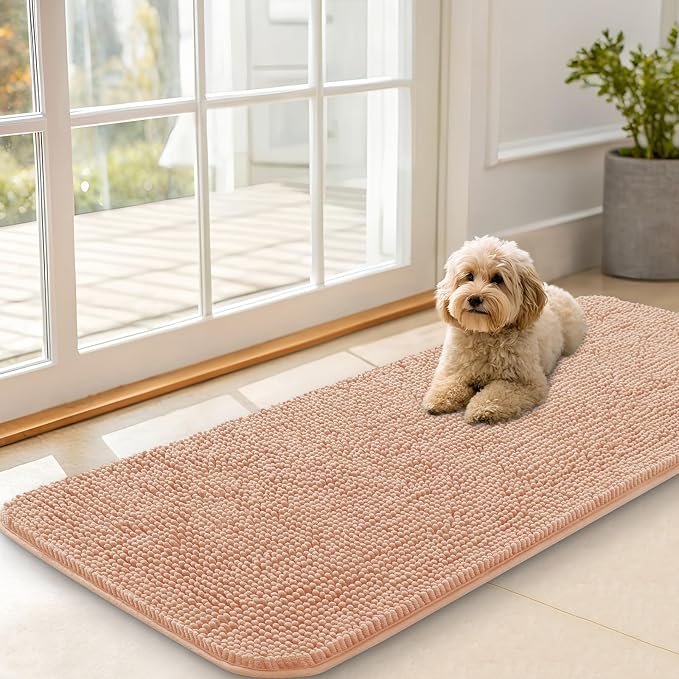 OLANLY Dog Door Mat for Muddy Paws 47x20, Absorbs Moisture and Dirt, Absorbent Non-Slip Washable Doormat, Quick Dry Chenille Mud Mat for Dogs, Entry Indoor Entryway Carpet for Inside Floor, Peach by OLANLY
