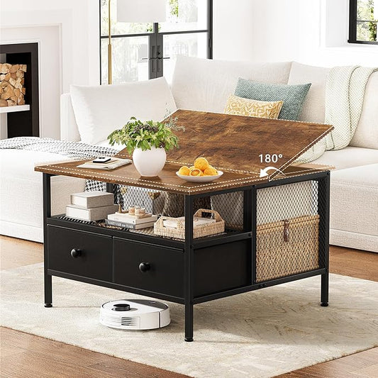 FABATO Flip Top Coffee Table, Square Coffee Tables Metal Wood, Farmhouse Lift Up Coffee Table Cocktail Table with Wire Mesh Barn Door and Storage, Steel Frame, Small Tea Table for Living Room, Black