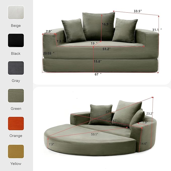 Casaphoria Convertible Folding Sofa Bed - 67 Inch Fold Out Guest Bed with Pillows for Small Spaces,Apartment Living Room Futon(Green)