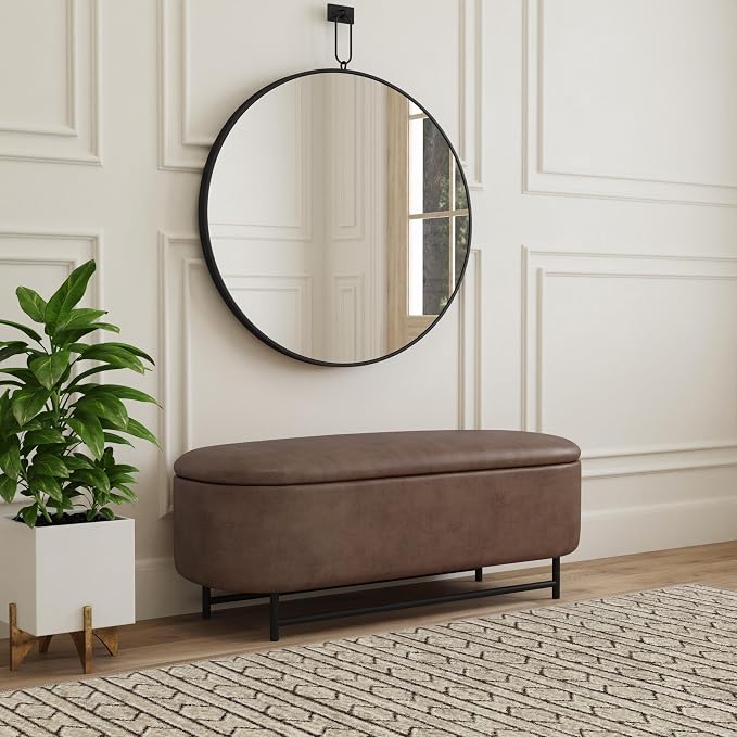 HomePop Ellipse Modern Storage Bench with Metal Legs |Homepop Home Décor|Bench with Storage for Living Room & Bedroom - Brown Faux Leather - Image 2