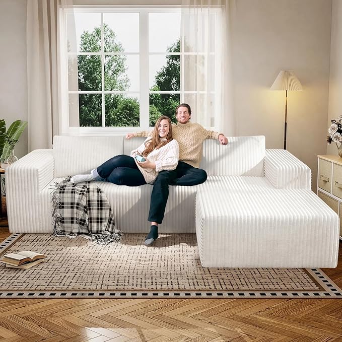 106" Boneless Couches for Living Room, Modular Sectional Sofa, L-Shape Sofa Couches,Cloud Couch Sectional, Comfy Corduroy Sofa, with Deep Seat, No Assembly Required (White, 108"+Right Facing Chaise)