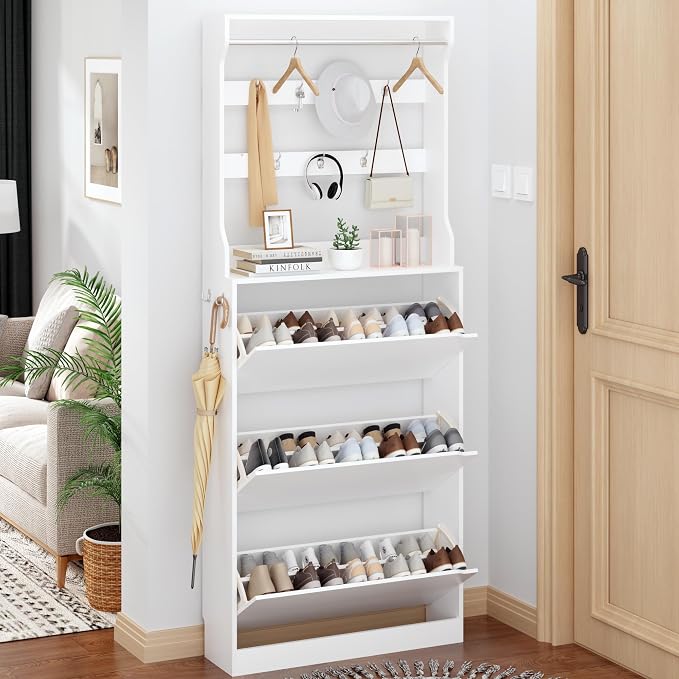 Shoe Cabinet for Entryway with 3 Flip Drawers, White Tall Wood Shoe Storage Cabinet with Coat Rack, Narrow Hidden Slim Freestanding Shoe Rack Organizer, 2 in 1 Hall Tree for Living Room, Hallway - Image 8