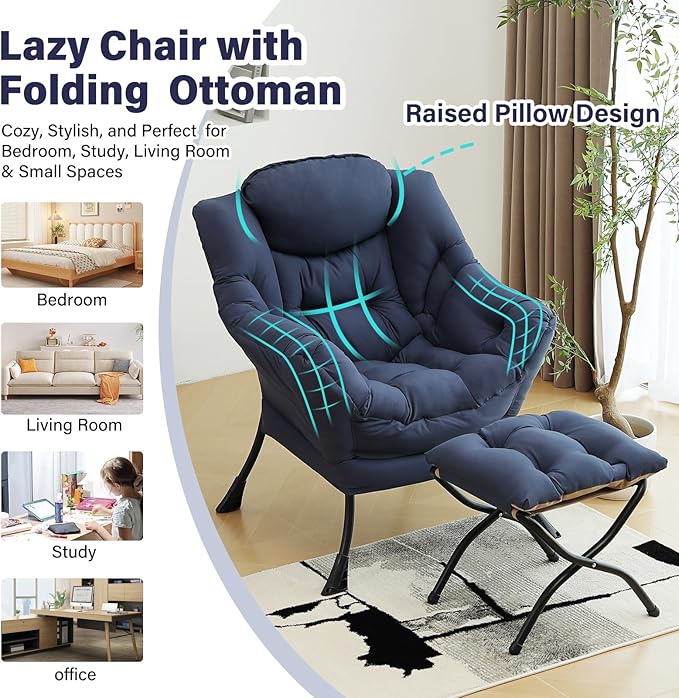 Furlide Lazy Chair with Ottoman, Modern Accent Chairs with Folding Footrest, Navy Blue Sofa Chair Set, Comfortable Reading Chairs, Oversized Armchairs for Bedroom, Study, Living Room, Courtyard