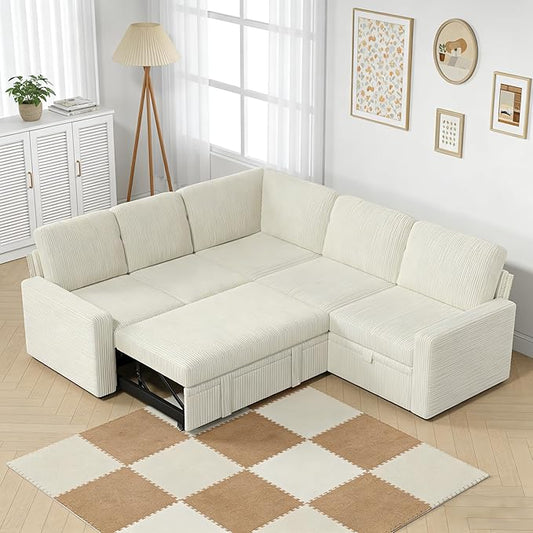 5-Seater Large Sectional Couch with Pull Out Bed, L Shaped Corduroy Sofa with Storage, Convertible Modular Sofa, for Living Room, Apartment, Beige