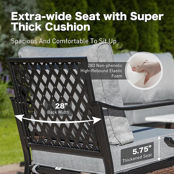 5 Piece Metal Outdoor Patio Furniture Set, Patio Conversation Sets 3-Seater Sofa, 2-Seater Sofa, 2 Rocking Sofa with 5.75" Thick Cushion & Coffee Table Black Backyard Furniture, Gray